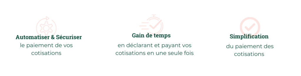 Automatiser et sécuriser le paiement de vos cotisations ; Gain de temps en déclarant et payant vos cotisations en une seule fois ; Simplification du paiement des cotisations.